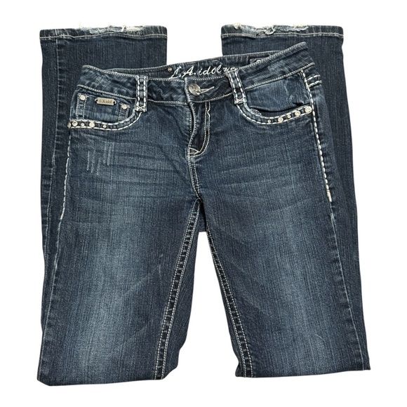 LA IDOL Juniors 9 Vintage Wash Skinny Jeans Embellished Frayed - Picture 1 of 13